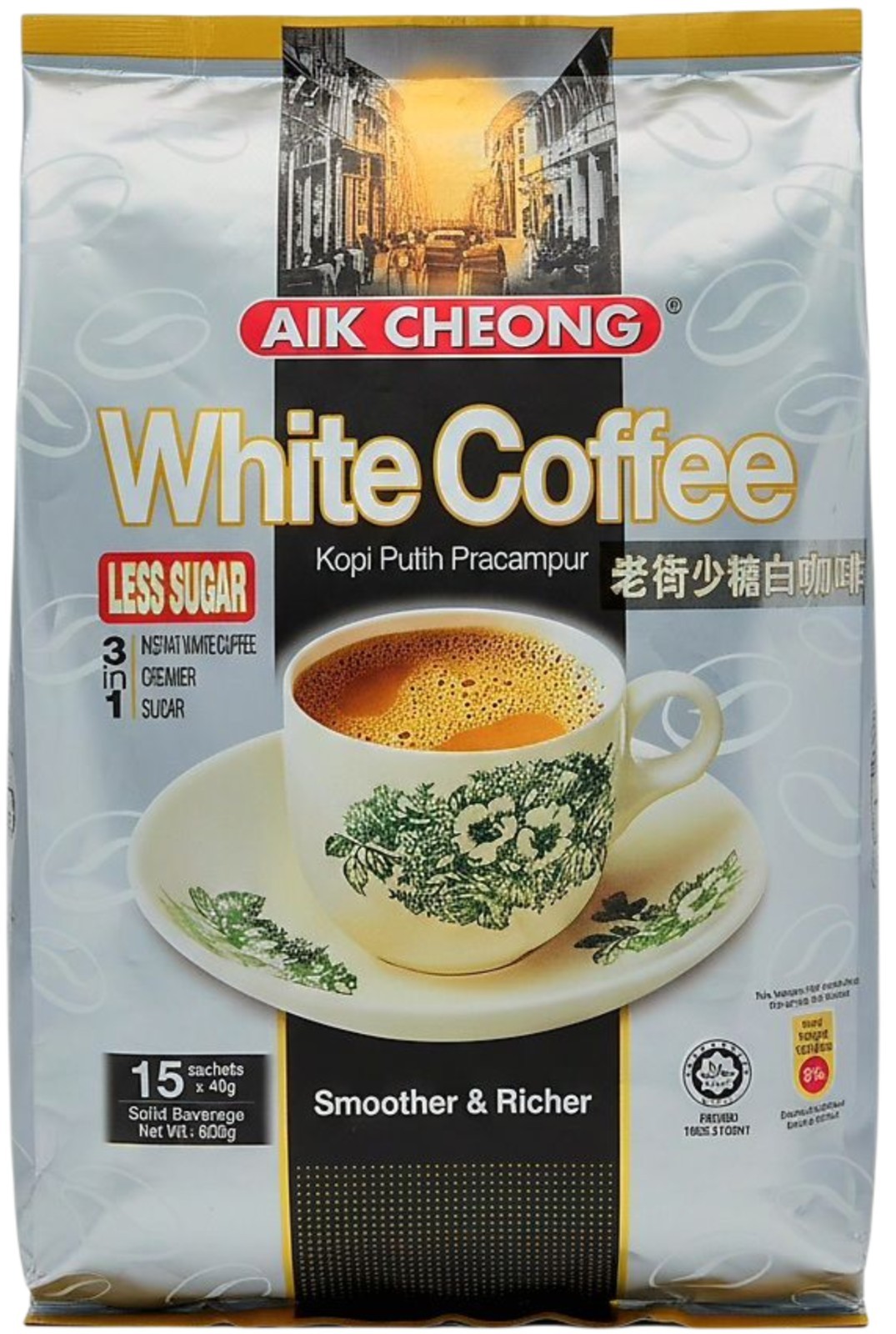 Aik Cheong White Coffee Less Sugar | 3-in-1 Instant Blend Mix | 15 Sachets 600g