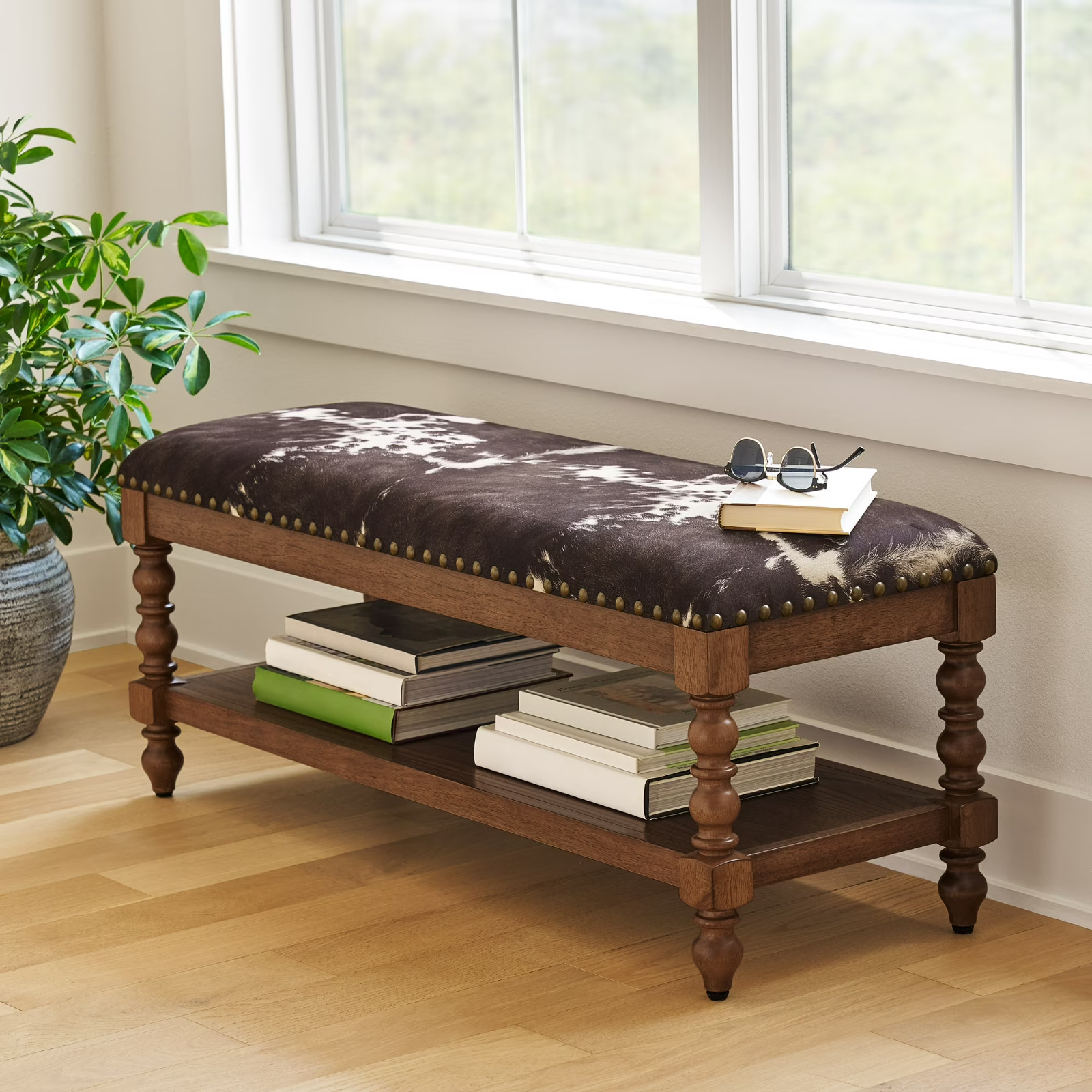 Pioneer Woman Harper Bench Faux Cowhide Upholstered Farmhouse Accent Seat New