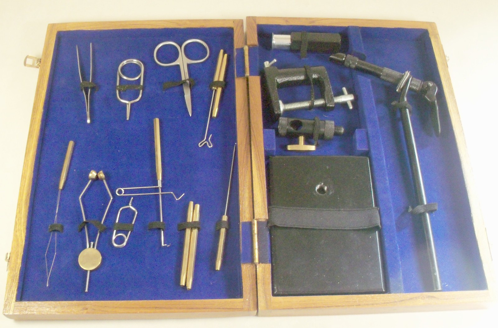 Vintage Fly Tying Tool Kit with Vise and Wooden Storage Case