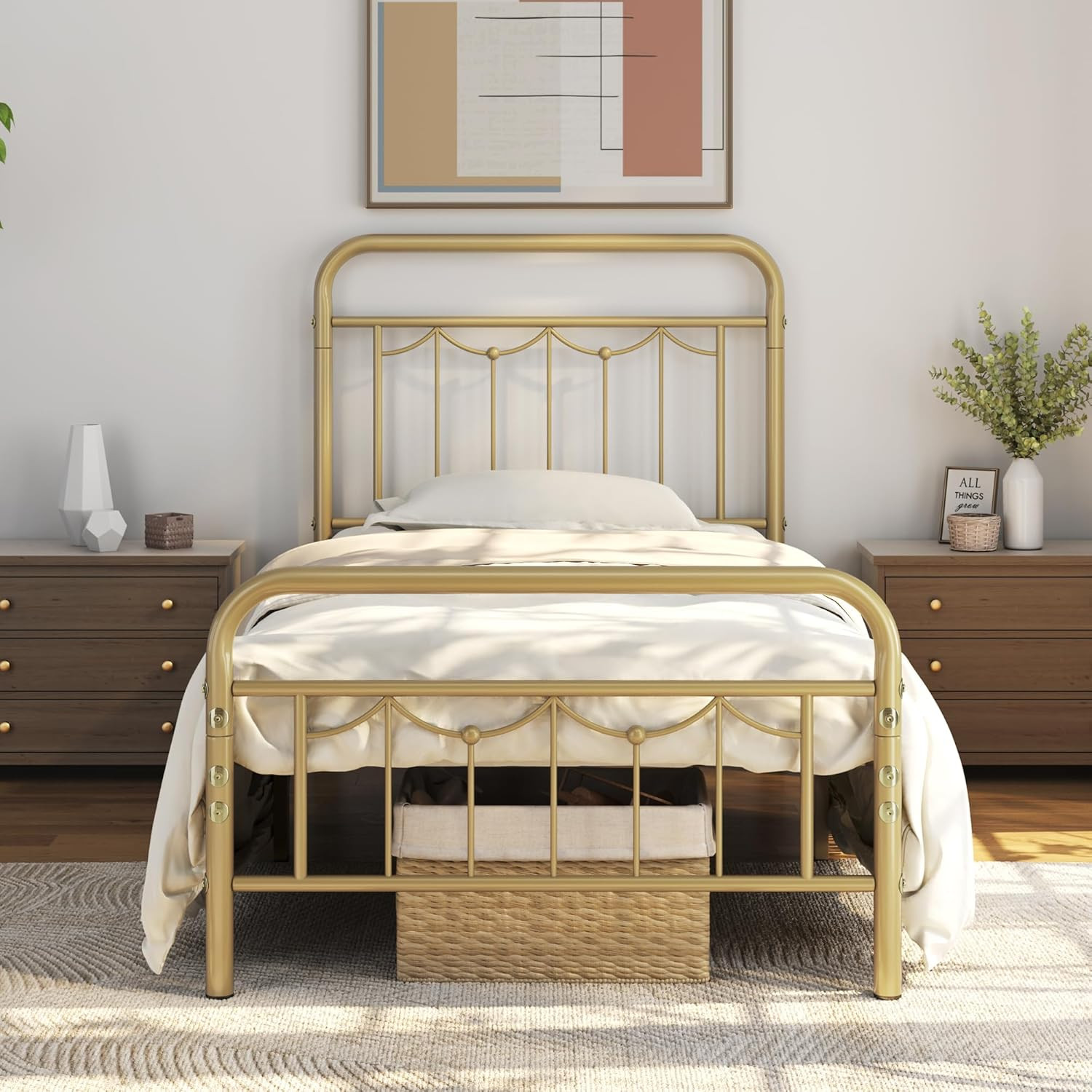 Vintage Twin Metal Bed Frame with Antique Gold Headboard & Footboard