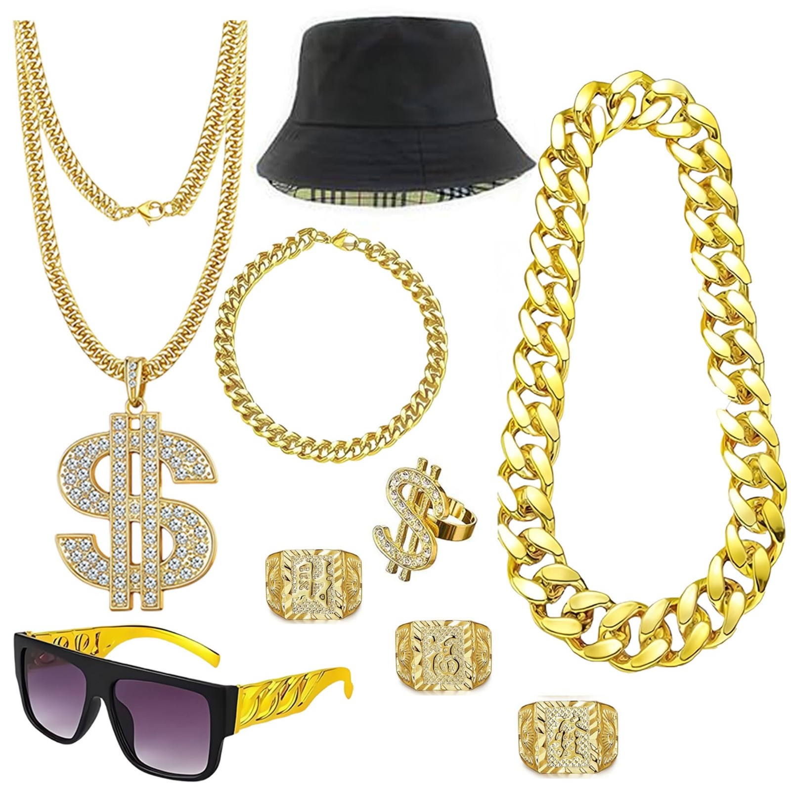 Boonbery Hip Hop Costume Kit 80s 90s Rapper Accessories, Outfits 9 PCS, 9 Pcs
