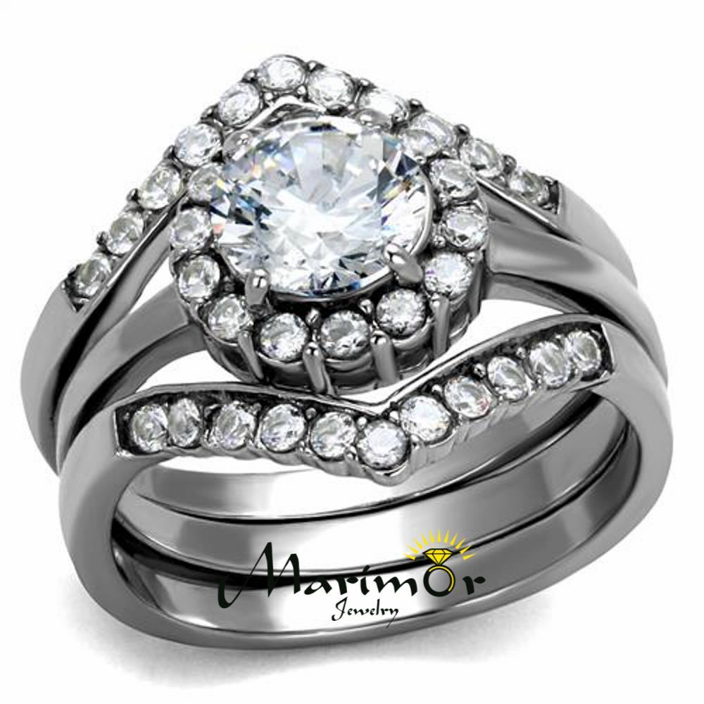 Women's 2.25 Ct Round Cut AAA CZ Stainless Steel Wedding Ring Band Set Size 5-10