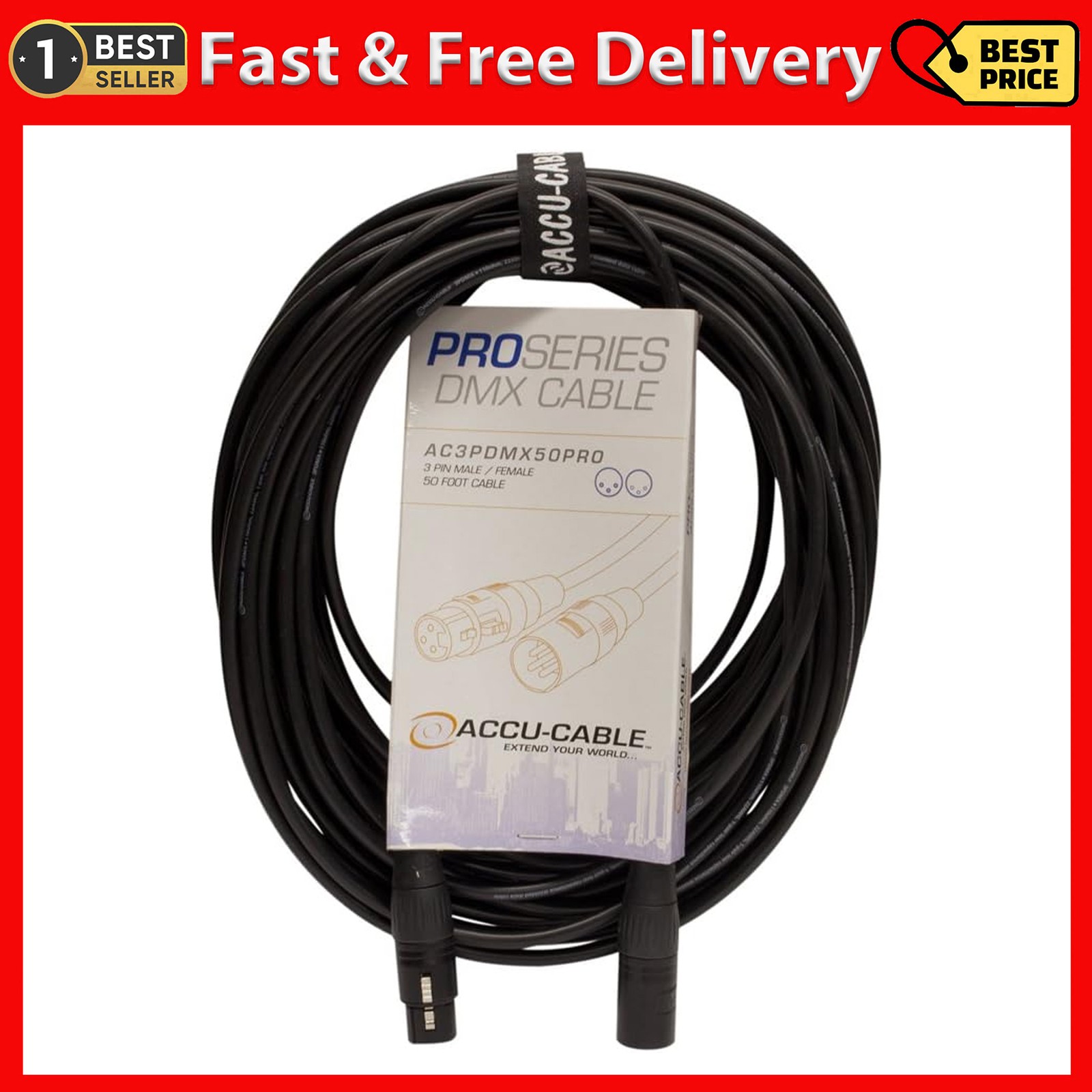 Accu ADJ Products AC3PDMX50PRO 3-Pin DMX Cable, 50', Black