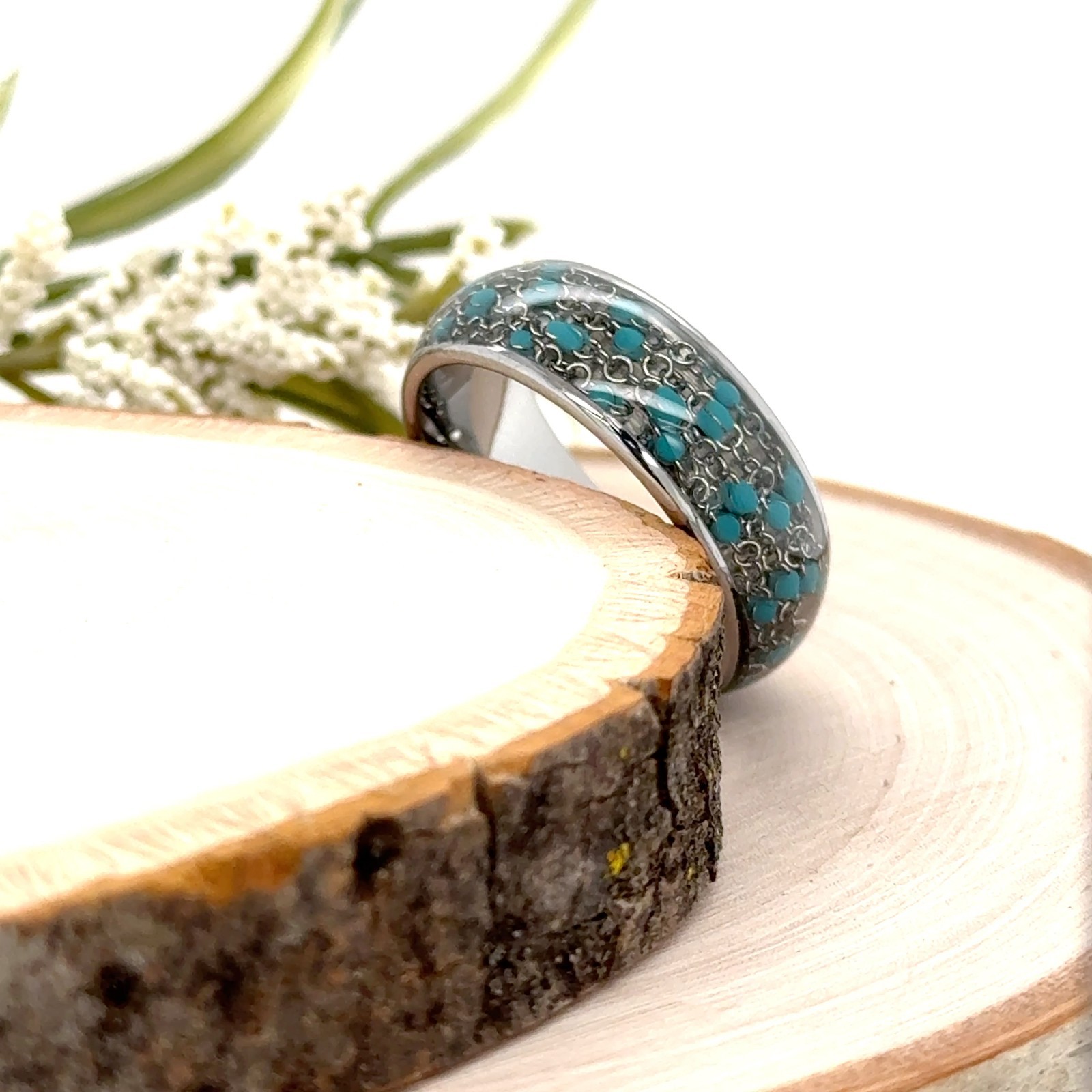 8mm Silver Tungsten Ring For Christmas Gift Polished Turquoise Inlay Modern Band