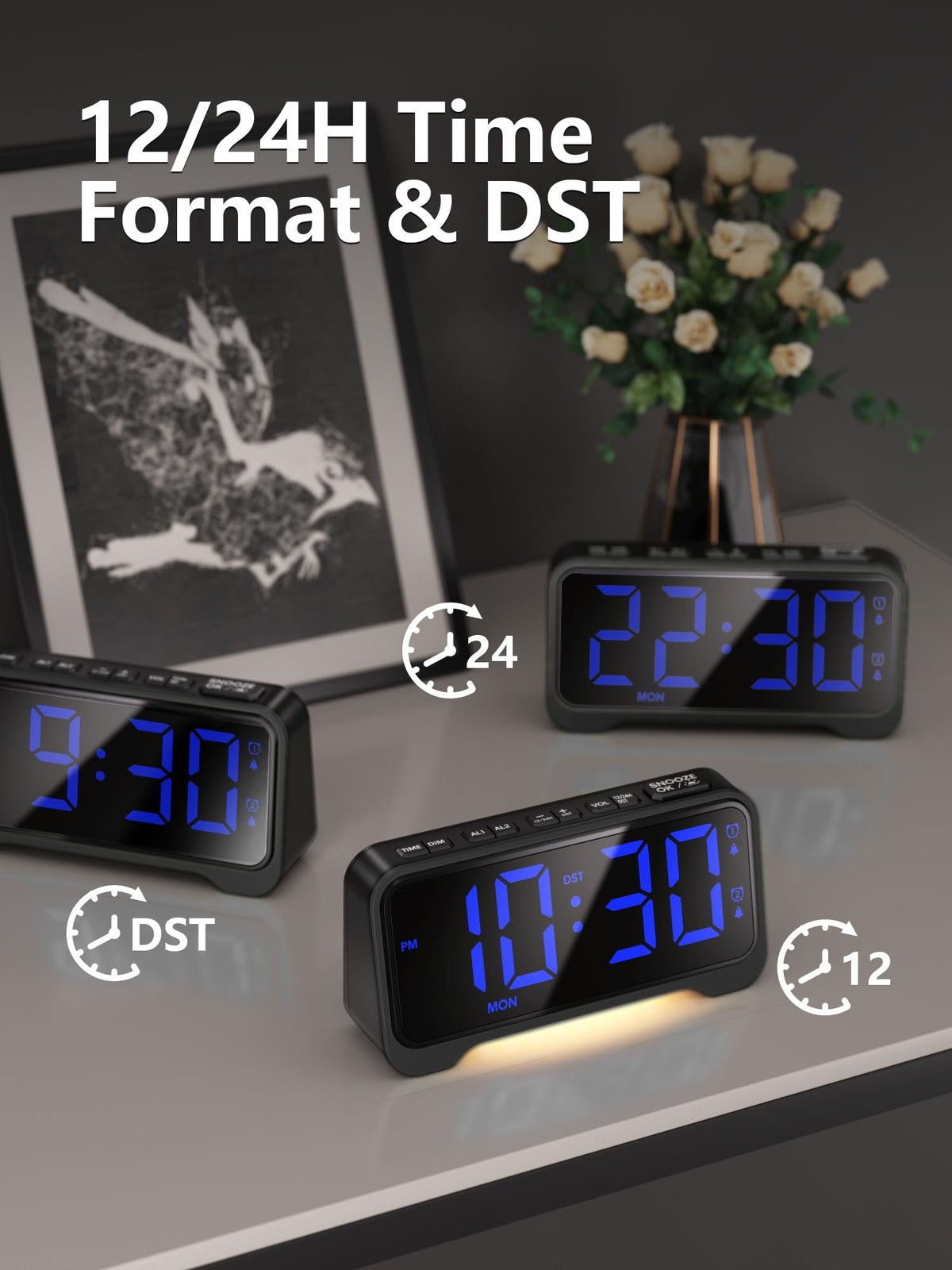 Mesqool Extra-Loud Alarm Clock with Bed Shaker Blue Digits With