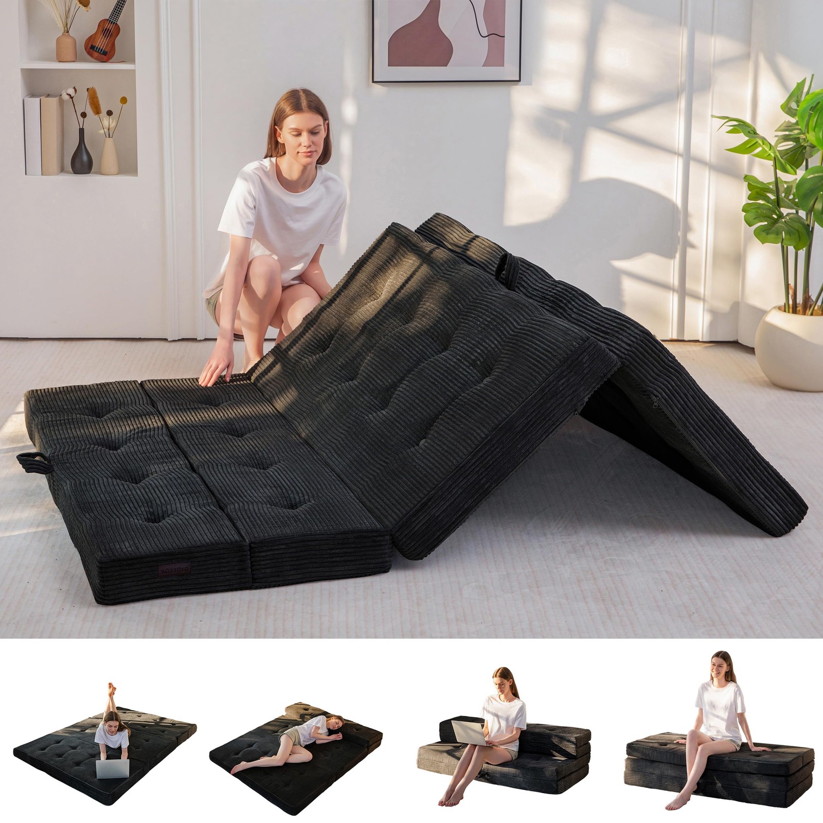 Foldable Sofa Couch Bed, 4 Inch Tufted Folding Mattress, Portable Floor Couch...