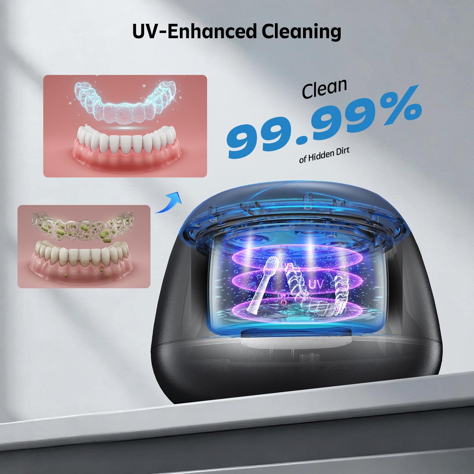 Ultrasonic Retainer Cleaner Machine 48kHz Denture and Aligner Cleaning Black