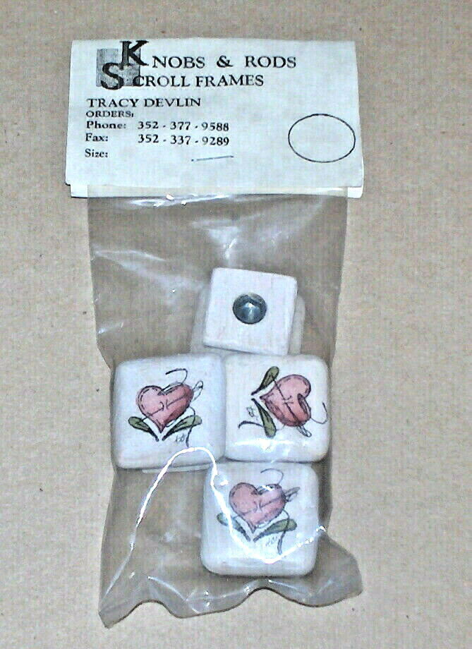 "Pink Stitched Hearts w/ Leaves" Decorative Scroll Frame Knobs (4) NIP