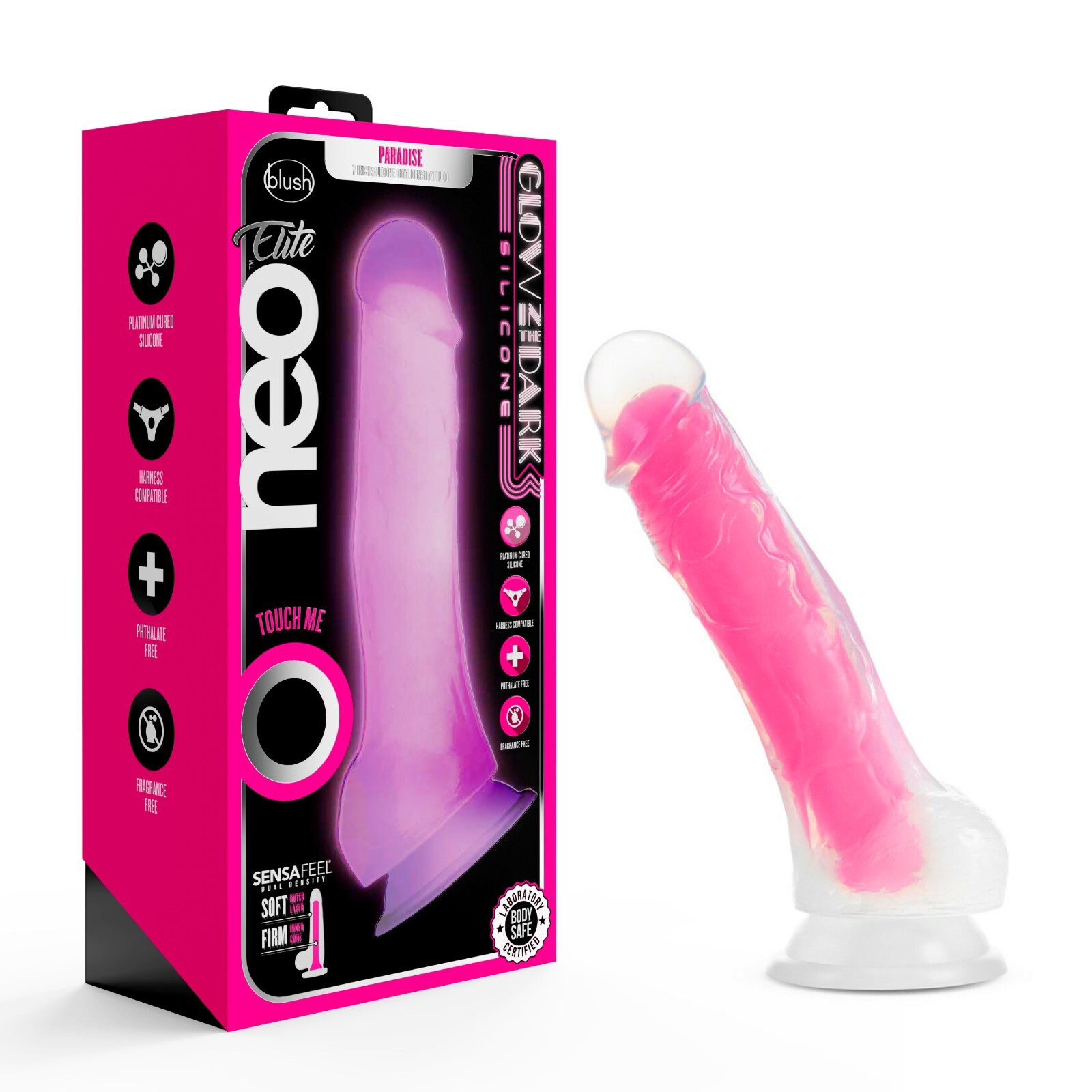 Blush Neo Elite 7.5"Silicone Dual Density Dildo with Balls Glow In The Dark