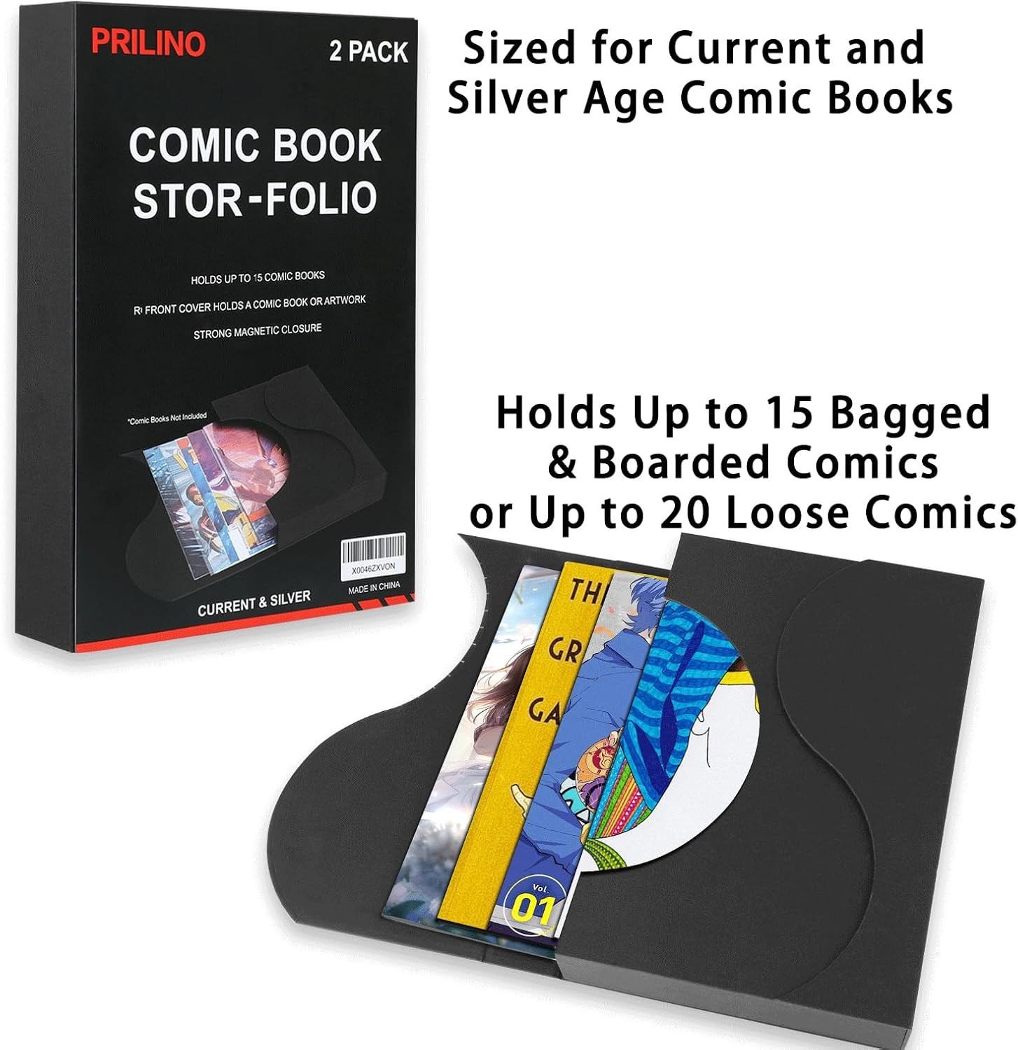 2 Pack Comic Book Storage Boxes Black Portable Durable with Magnetic Closure