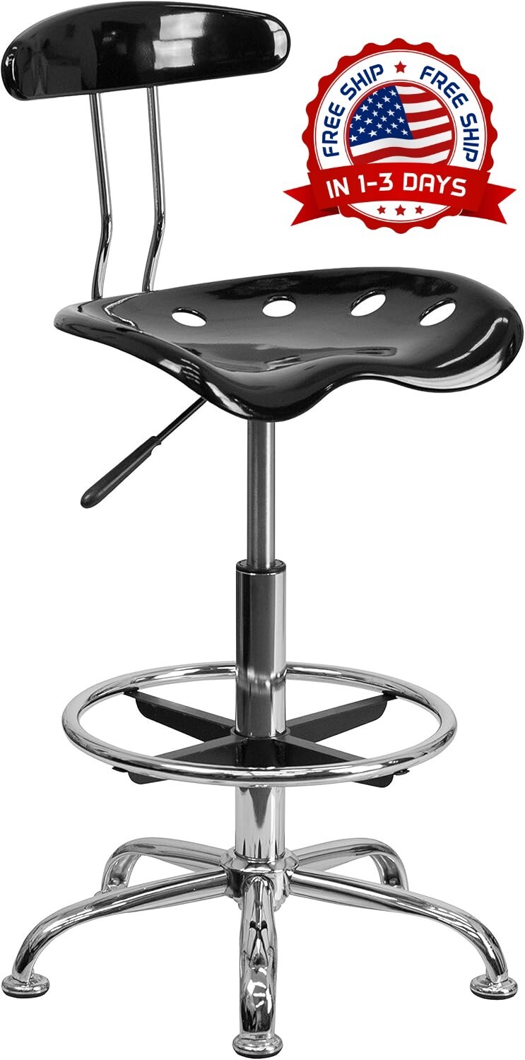 Taburete De Dibujo Con Asiento De Tractor, Bradley, Negro Vibrante Y Cromado NEW