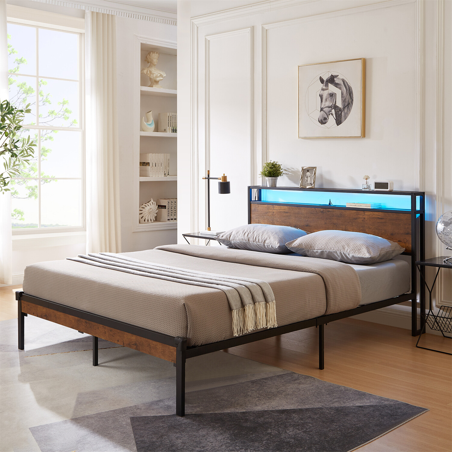 Full/Queen Size Bed Frame Metal Platform Bed with Wooden Headboard & LED Lights