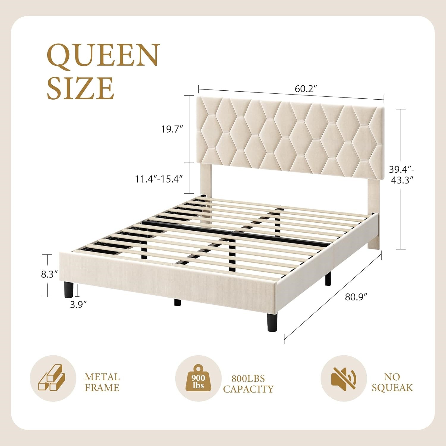 QUEEN Platform Bed Frame with Upholstered Headboard and Wooden Slats Support
