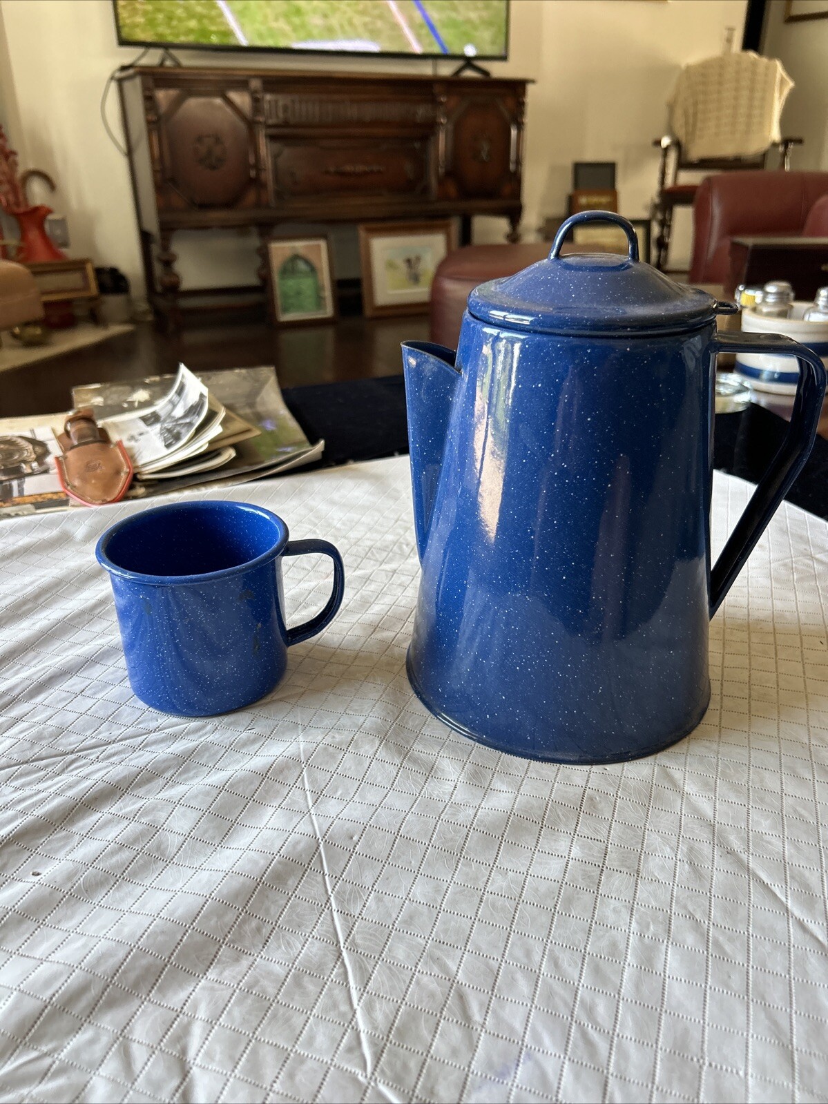 Blue Speckled Enamelware Coffee Pot And Cup Unbranded Clean