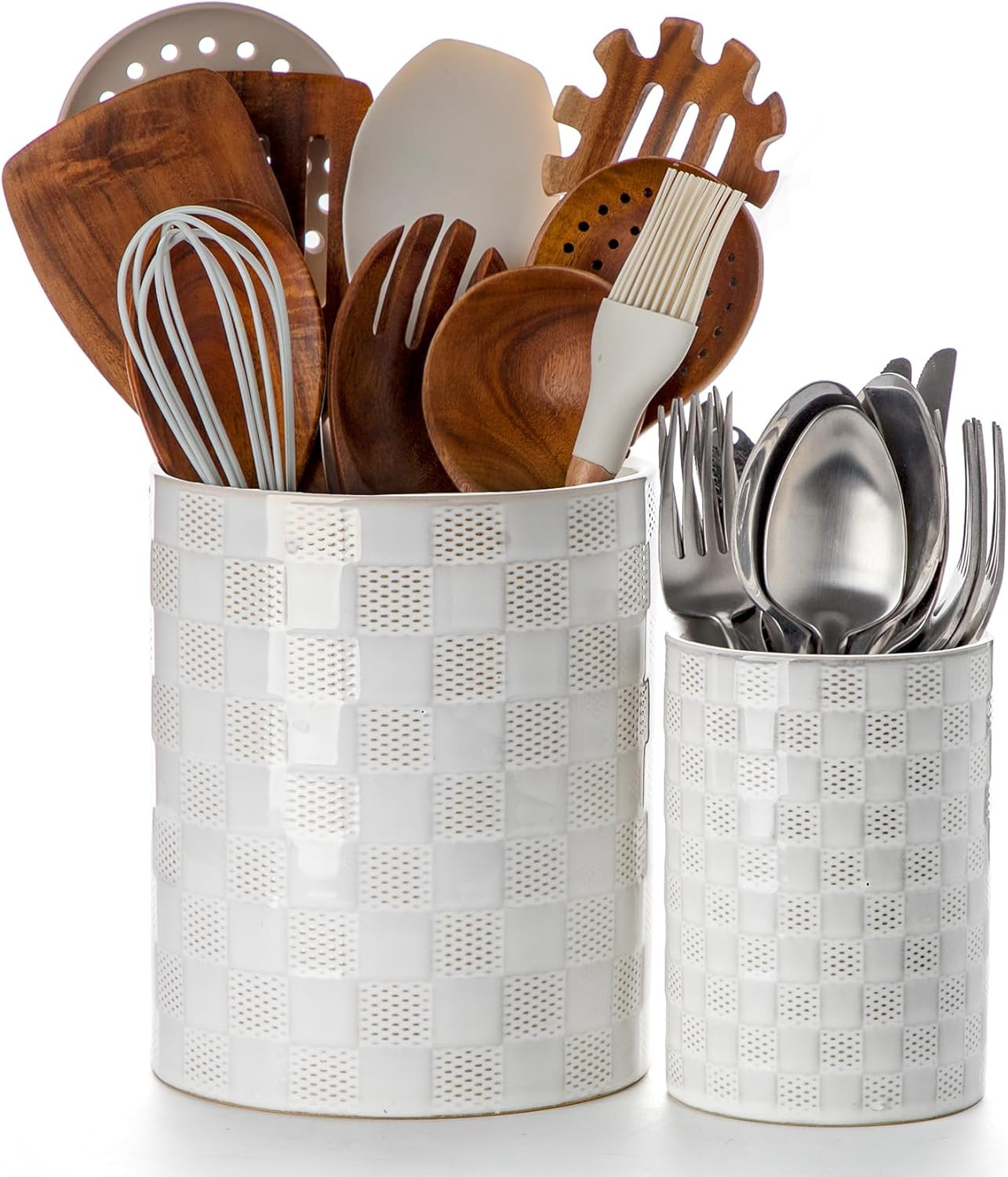 Ceramic Utensil Holder for Kitchen Counter Organizer, Set of 2 | 7.1"&5.4"Checke