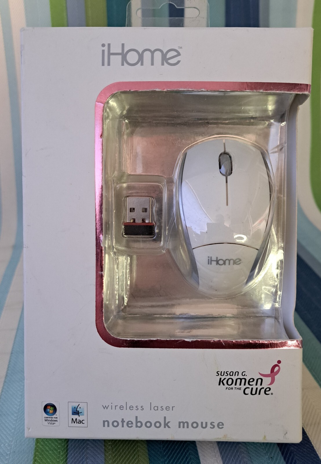 iHome Wireless Laser Notebook Mouse Susan G. Komen White & Silver NIB BIN06