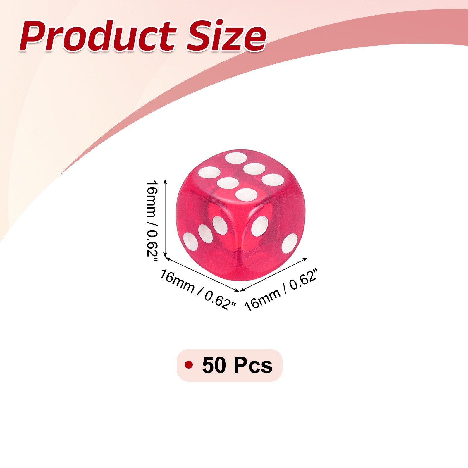 50Pcs Translucent Polyhedral Dice 16mm Square Dice W Rounded Edge, Rose Red