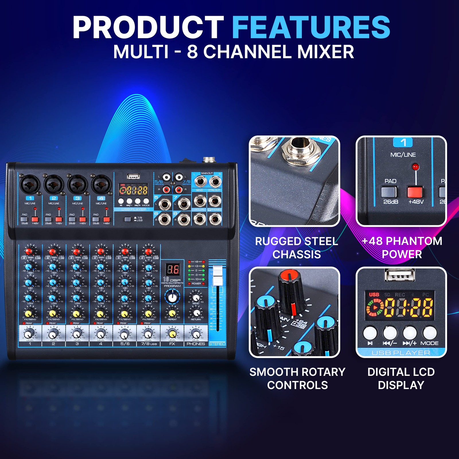 Pyle 8 Channel Bluetooth Studio Mixer - USB Computer Recording, 8, Black