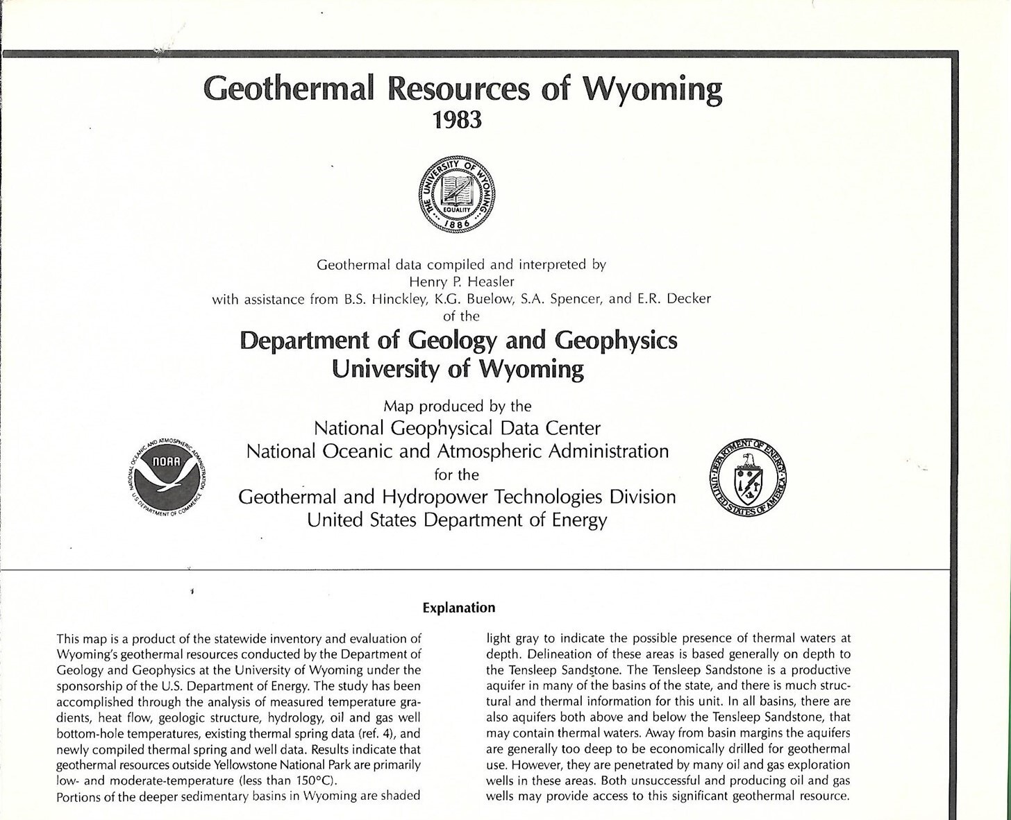 1983 NOAA Wall Map GEOTHERMAL RESOURCES OF WYOMING Thermal Springs & Wells