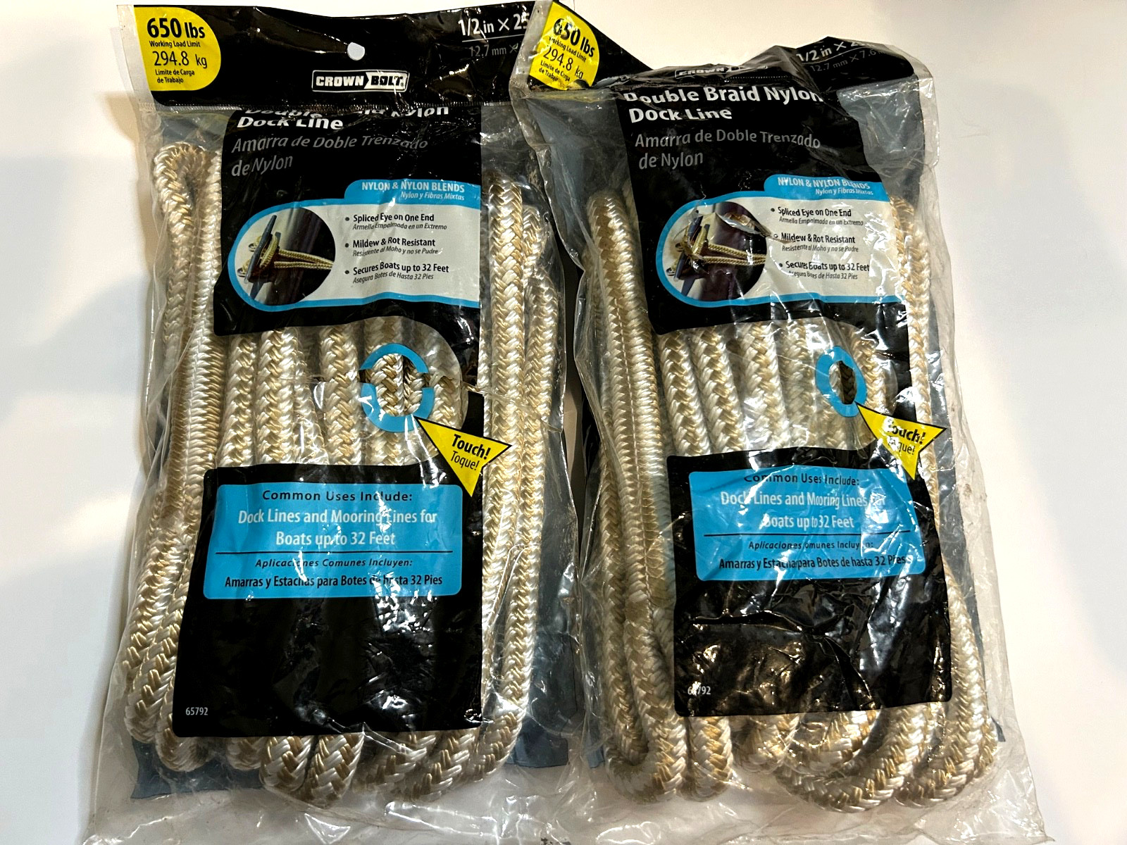 2 NEW 1/2" X 25' Double Braid Premium Nylon Dock Line, Gold/white Crown Bolt