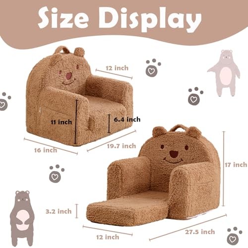 Toddler Chair,Sherpa Bear Toddler Couch Fold Out,Children Reading Brown