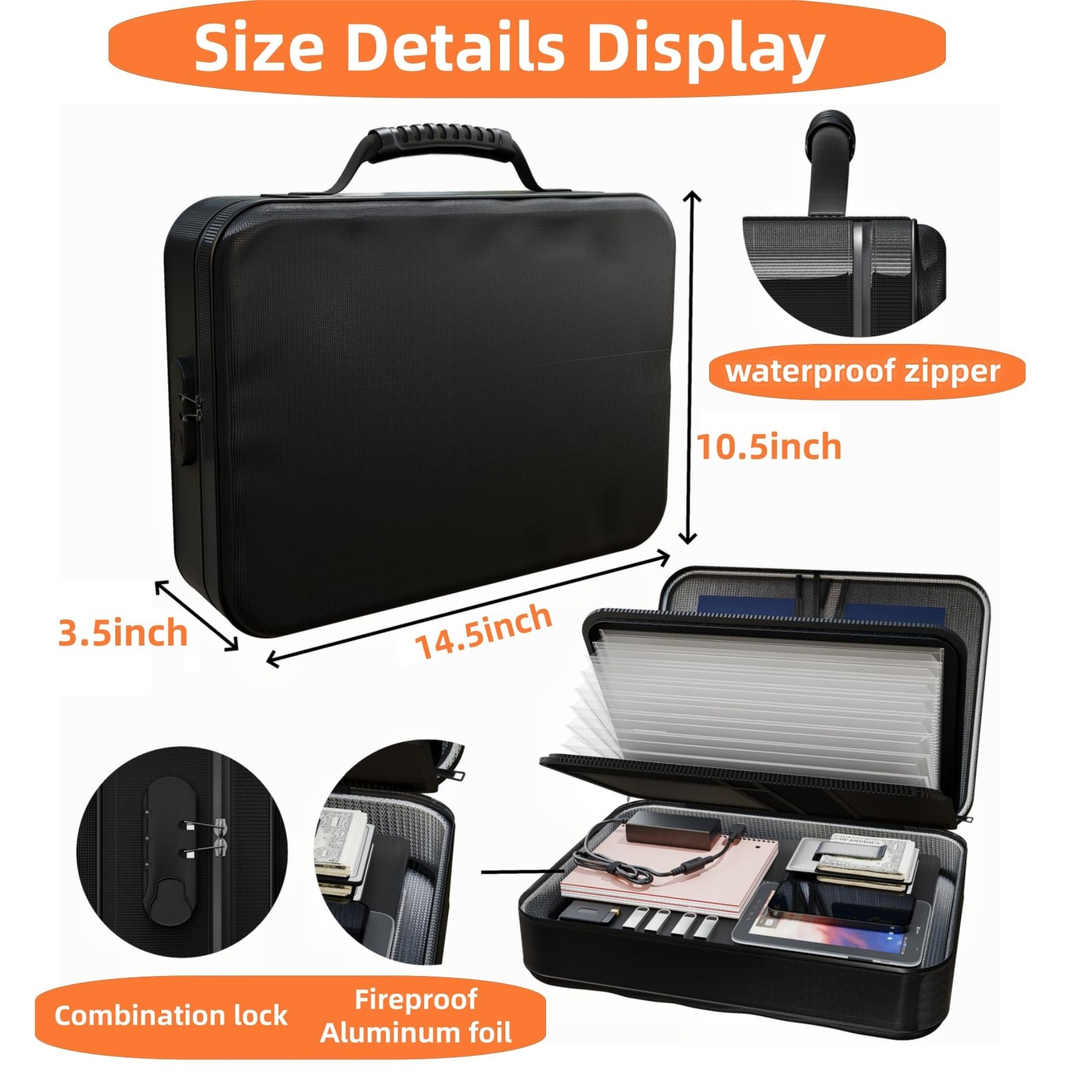 Fireproof Document Box (Soft-Shell) with Lock & 15x4.1x11 inches, black