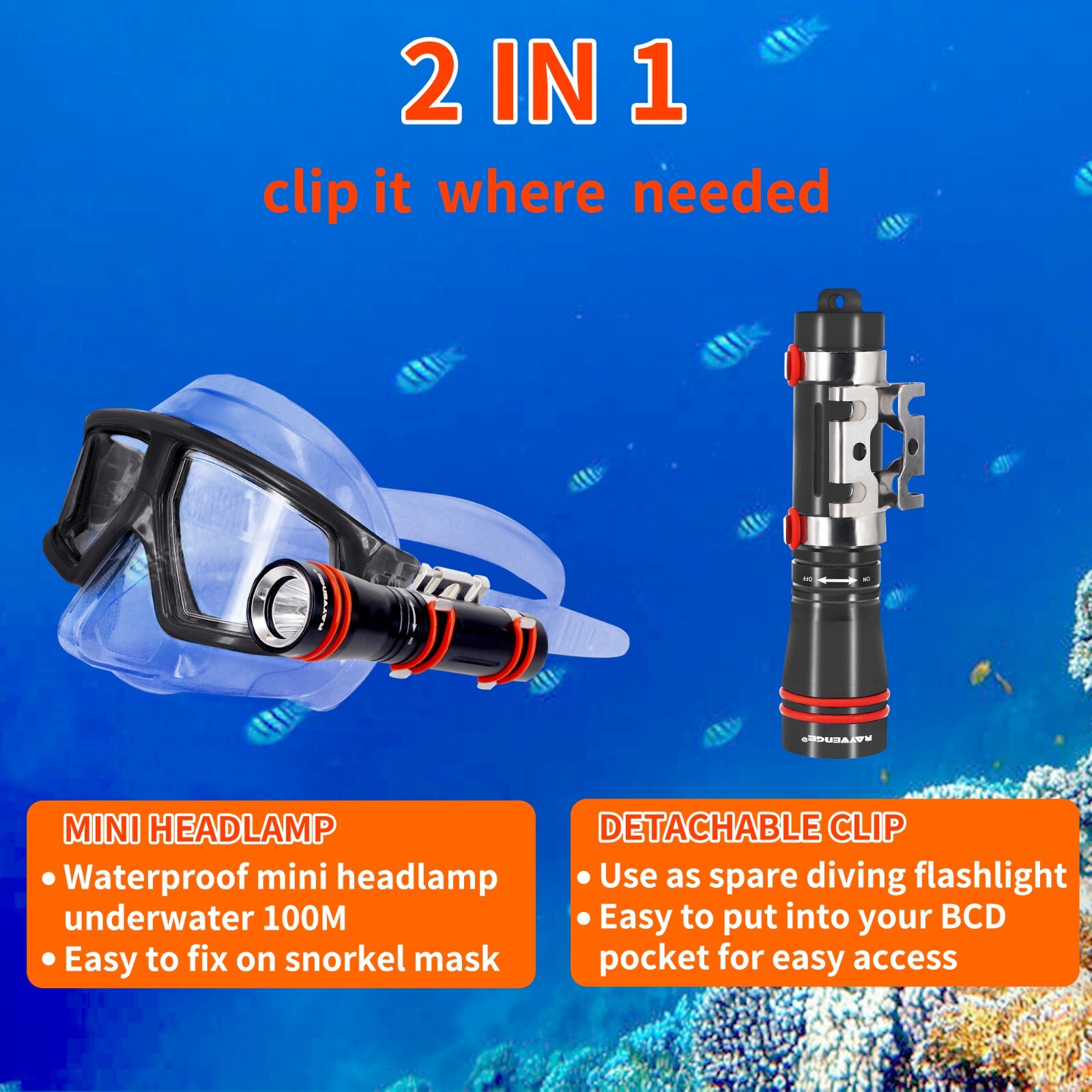 D2A Diving Flashlight Mini Scuba Dive Headlamp Underwater 100M Backup (Black)