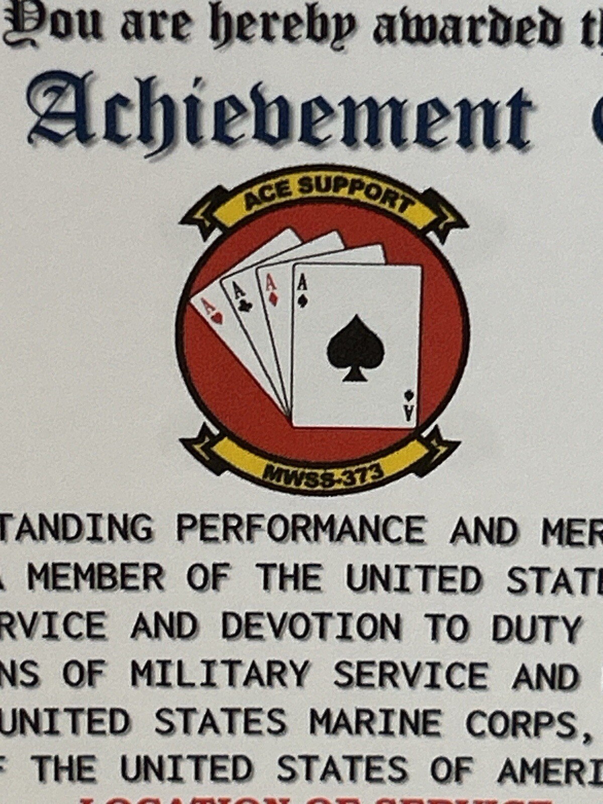 U.S.M.C. / 373RD WING SUPPORT SQUADRON / MERITORIOUS ACHIEVEMENT COMMENDATION