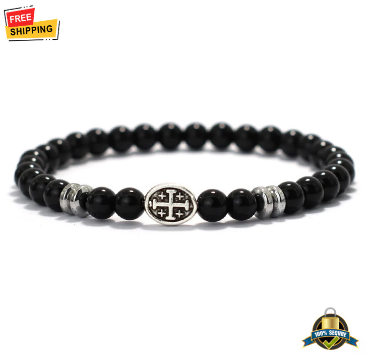 Men’s Cross Beaded Bracelet Lava Turquoise Tiger Eye Viking Style