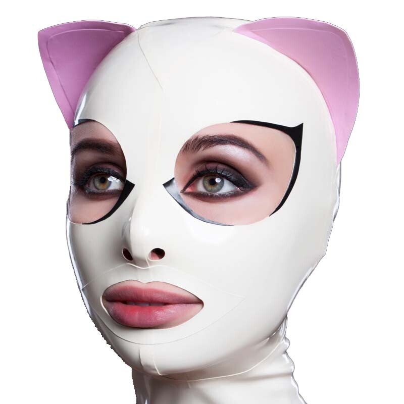 Unisex Cute Pink Latex Mask Cat Ear Hoods Cosplay Masked Party Catsuits Bodysuit