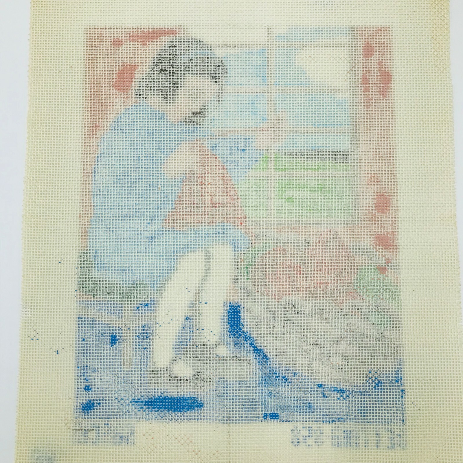 Needlepoint Pattern Hand Painted Bettina Saschi Girl Sewing Signed Primitive