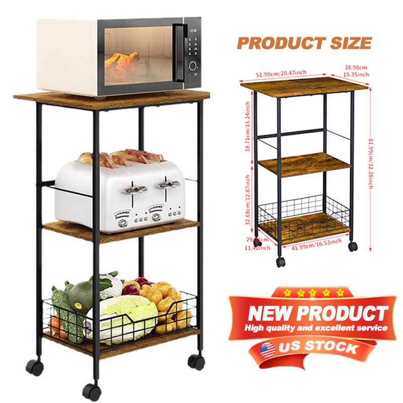 3-Tier Wood & Metal Kitchen Storage Cart Mobile Snack Cart with Wheels US