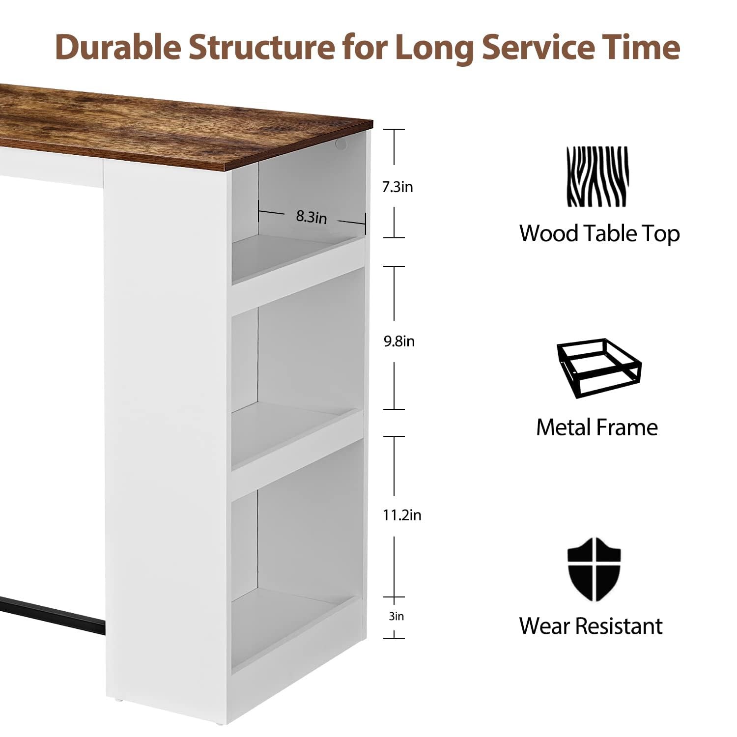 3 Piece Dining Table Set Kitchen Bar Table with Two Stool Storage Shelves Woo...