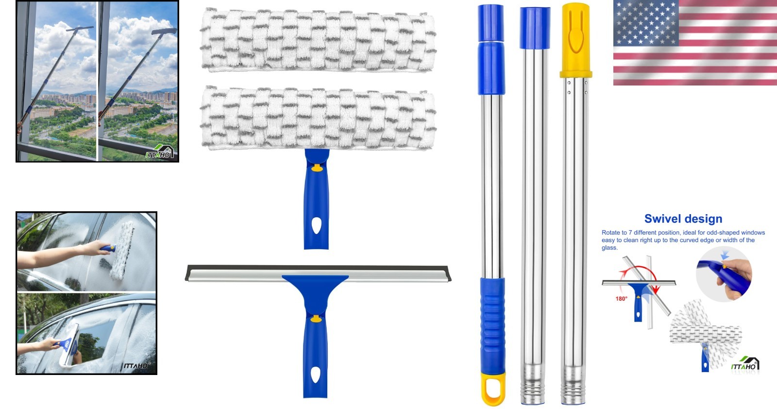 12" Squeegee for Glass, Car, Shower - 58" Long Handle