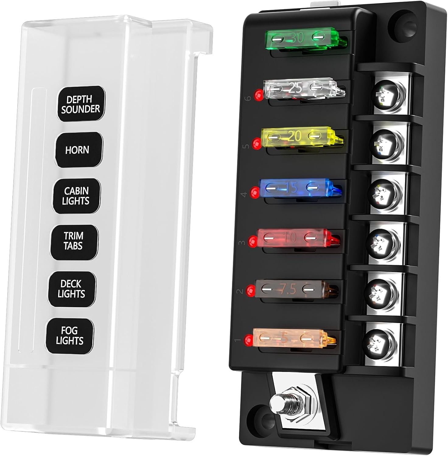 12V/24V 6-Circuit Waterproof Marine Fuse Box with LED Indicator, ATO Blade Fu...