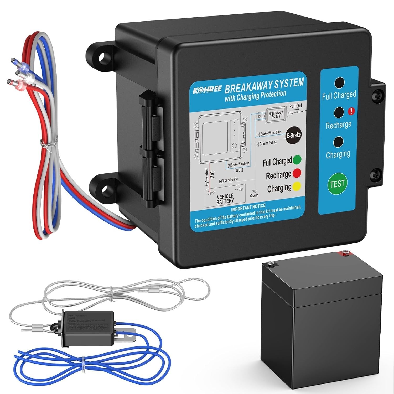 Trailer Brake Breakaway Kit 12V 5Ah Battery Charger Side Mount LED Controller US