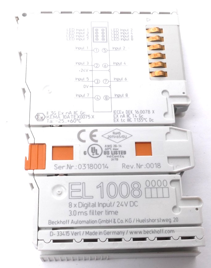 4x Beckhoff EtherCAT Terminal 8 Channel Digital Input | EL1008
