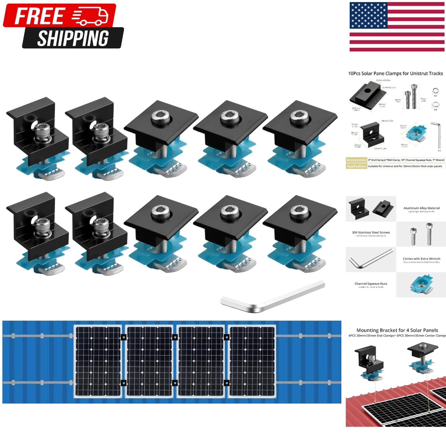 10Pcs Solar Panels Mid Clamps for Unistrut Aluminium Panel Brackets 30Mm/35Mm