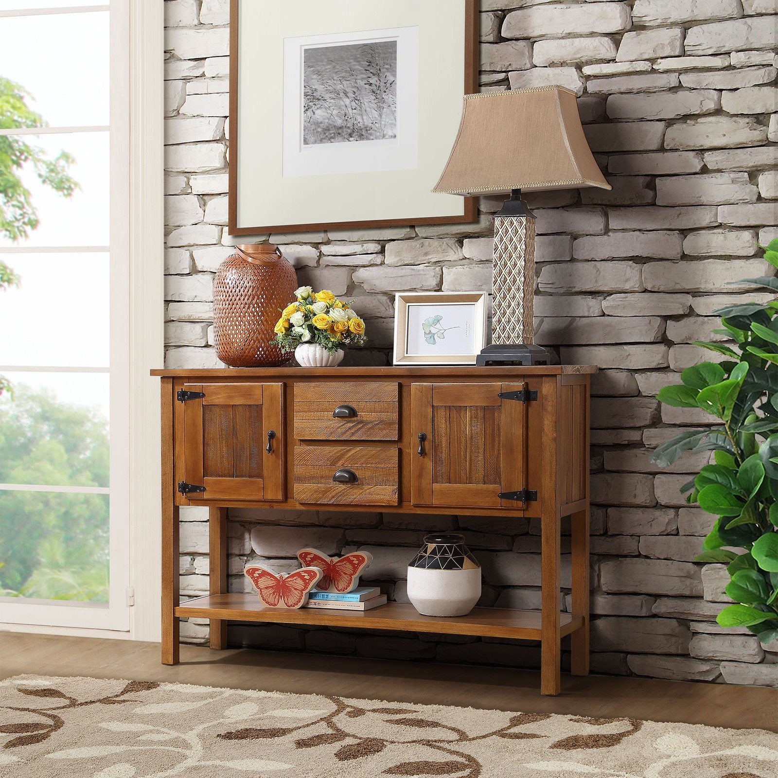 46'' Solid Wood Sideboard Retro Console Table with 2 Drawers & Cabinets