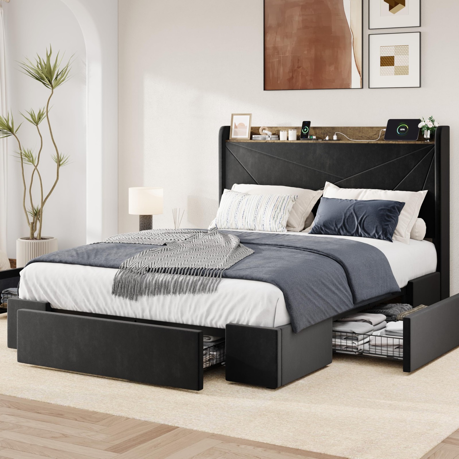 Full Size Velvet Bed Frame with 3 Storage Drawers, Upholstered Platform Bed w...