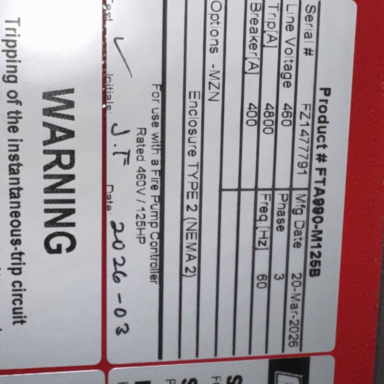 firetrol FTA990-M125B Fire Pump Controller Disconnect 125HP 3PH