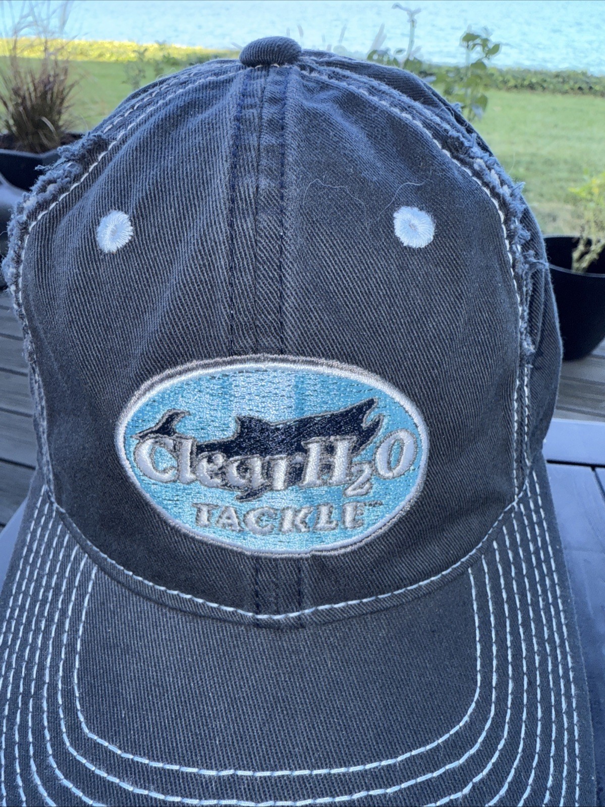 Clear H2O Tackle Aqua Patch Logo on Navy Distressed Hat Cap Top Stitch Hook Loop