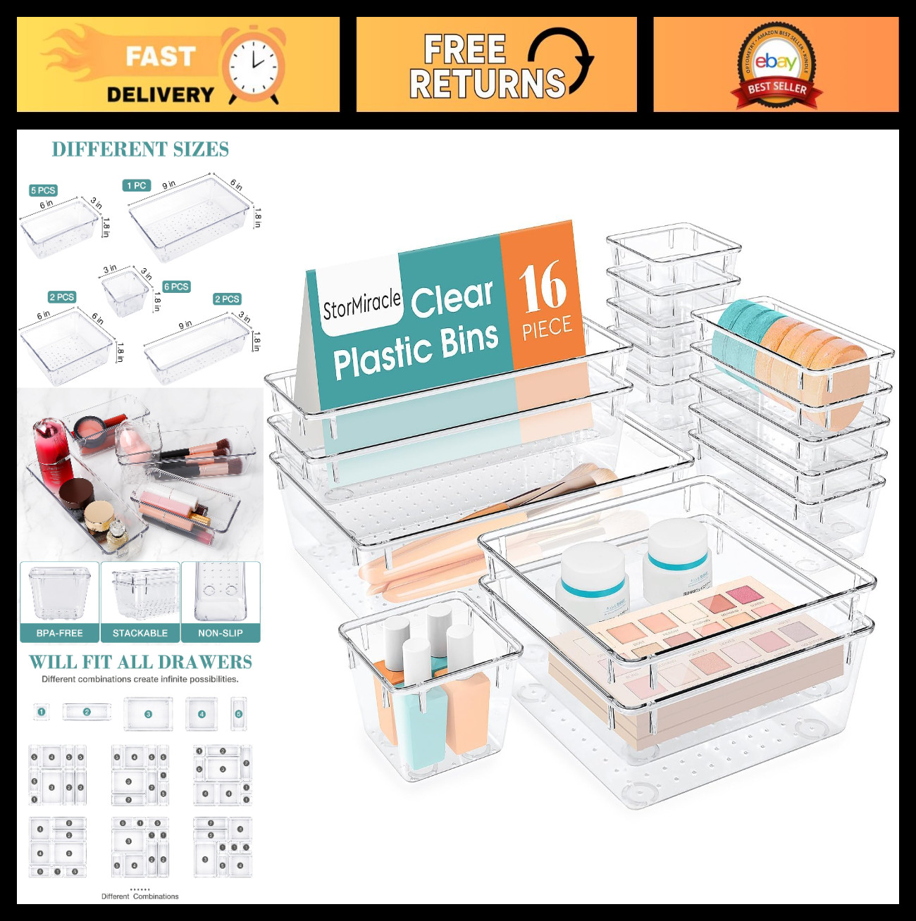 16 PCS Clear Drawer Organizer Set - 5 Sizes for Bathroom & Kitchen Storage Trays