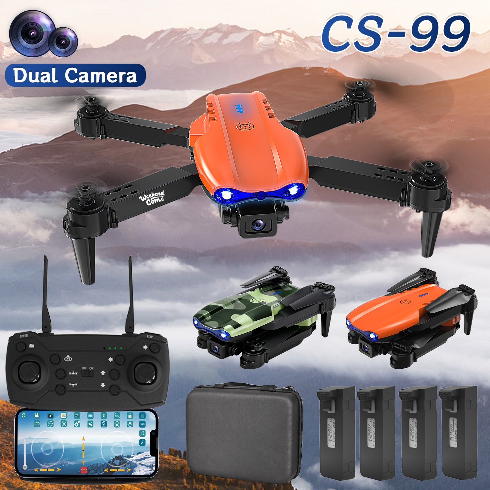 RC Drone HD Dual Camera WiFi FPV Foldable Quadcopter Remote Control 4 Battery