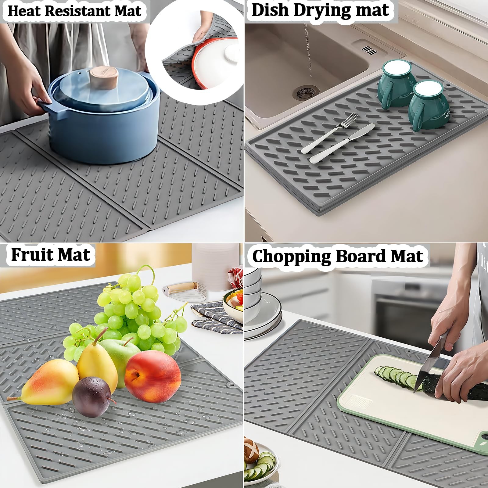 Silicone Dish Drying Mat for Kitchen Counter, Collapsible Trifold Large Dish ...