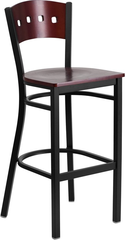 4 Square Metal Restaurant Barstool, Mahogany Wood Back & Seat
