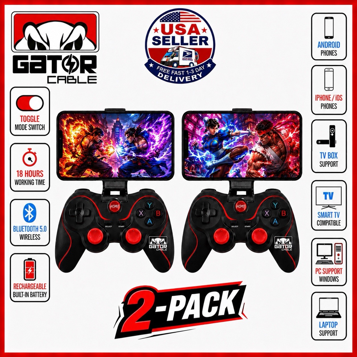 2-Pack Wireless Bluetooth Game Controller Gamepad For Android iPhone Tablet PC