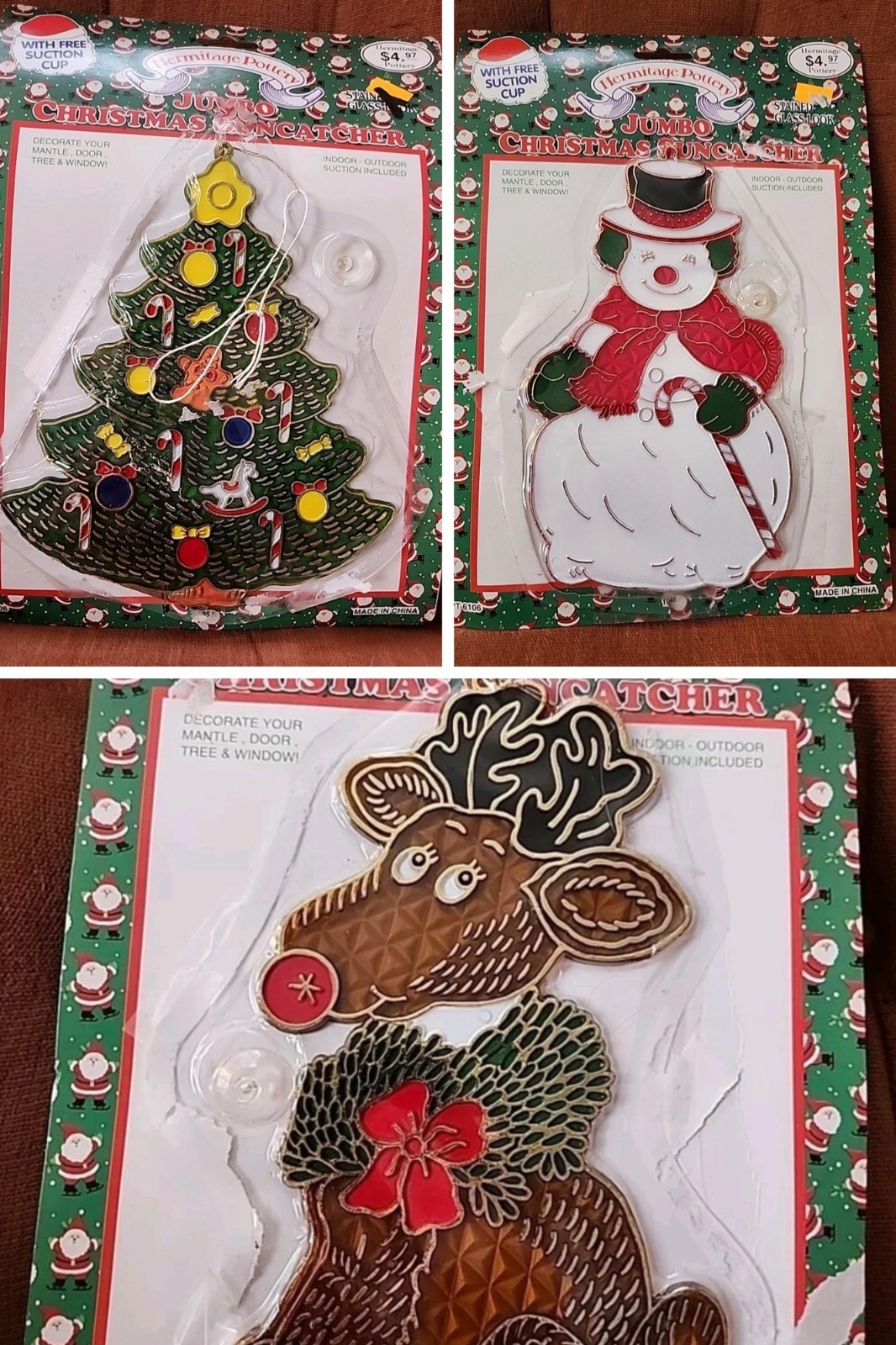 Lot Of 3 Jumbo '95 Vintage Christmas Tree, Snowman, Reindeer Suncatchers