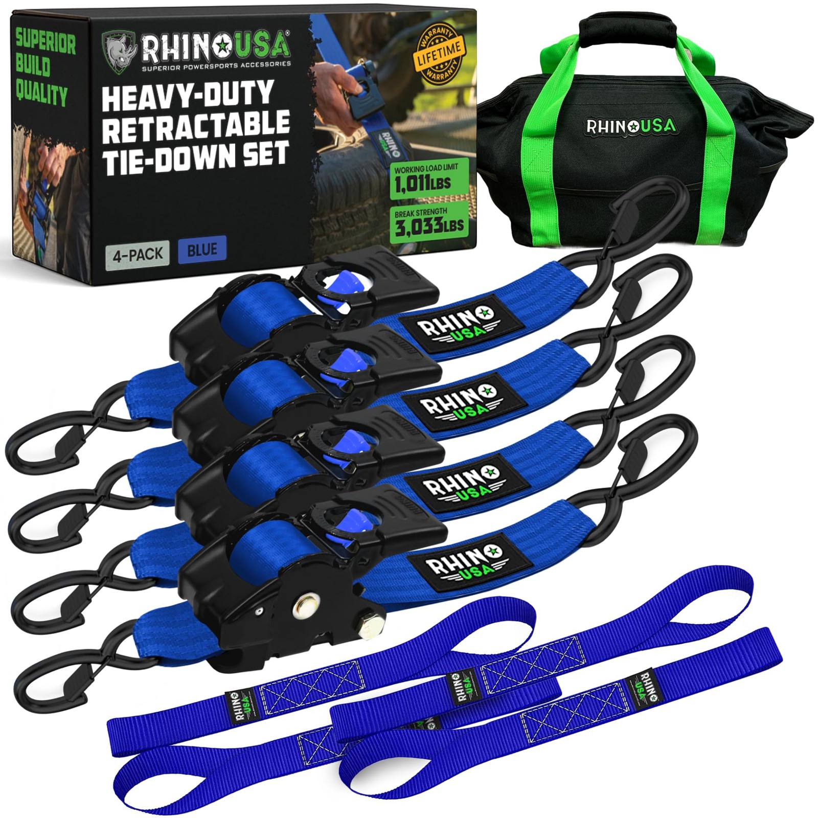 Retractable Ratchet Straps (4-Pack) - 2 Inch x 10 Feet  (3,033lb Break Strength)