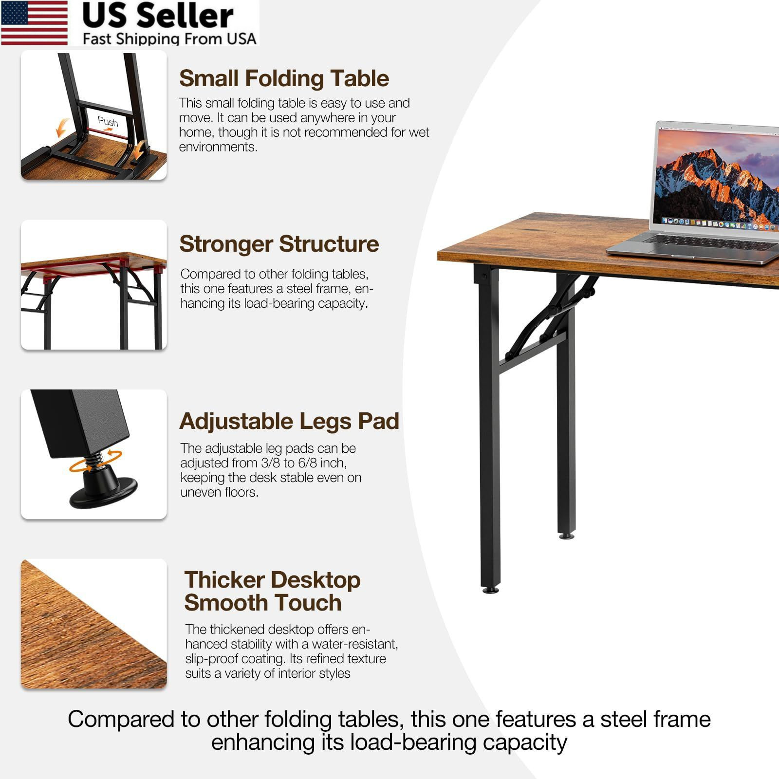 TEMI Small Computer Desk Folding Table - 35.8" 35.8 Inch, Rustic Brown
